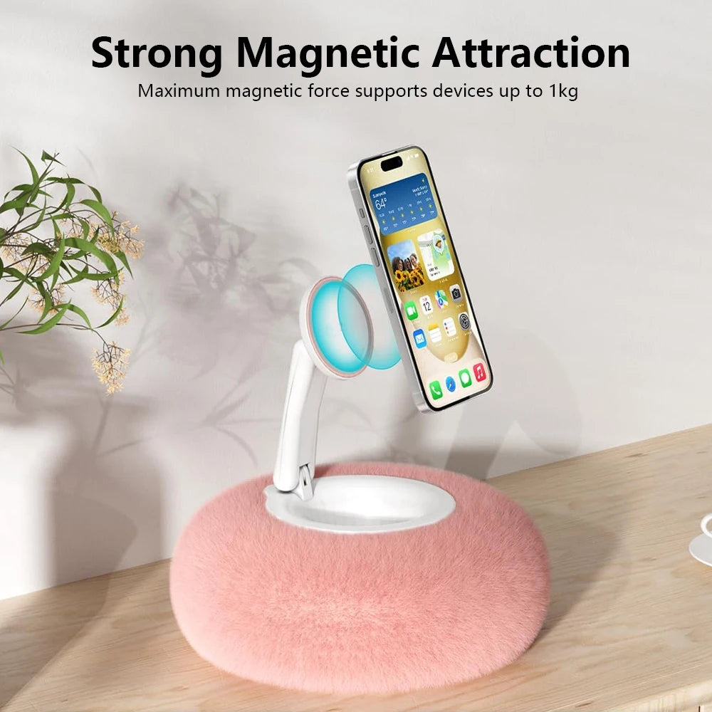 Versatile Magnetic Phone Holder with 360° Rotation - Foldable Plush Pillow Desktop Stand for iPhone and iPad