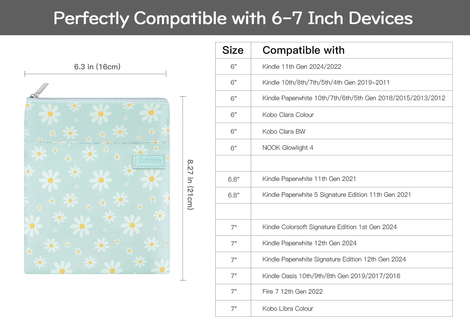 6-7" Protective Sleeve Cover Pouch Bag Carrying Case for 6" Kindle/Kindle Oasis/Kobo E-Reader Sleeve Case for 7" Kindle